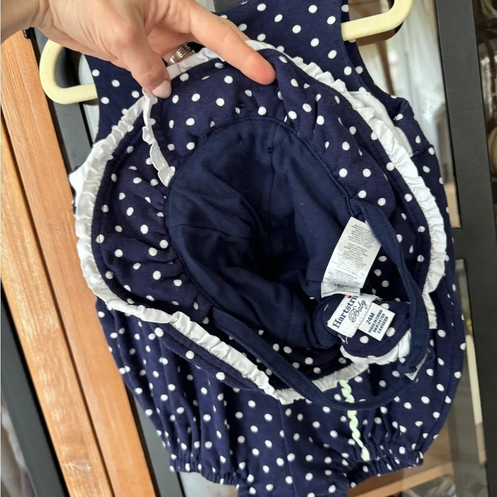 Hartstrings polka dots appliqué bubble romper hat set navy baby girl toddler VTG